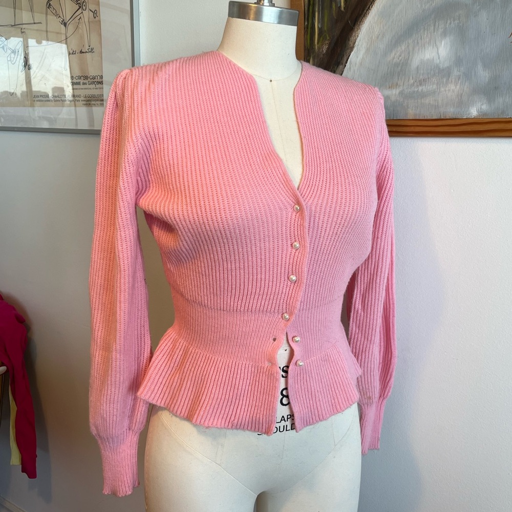 Pink Ribbed Peplum Button Cardigan